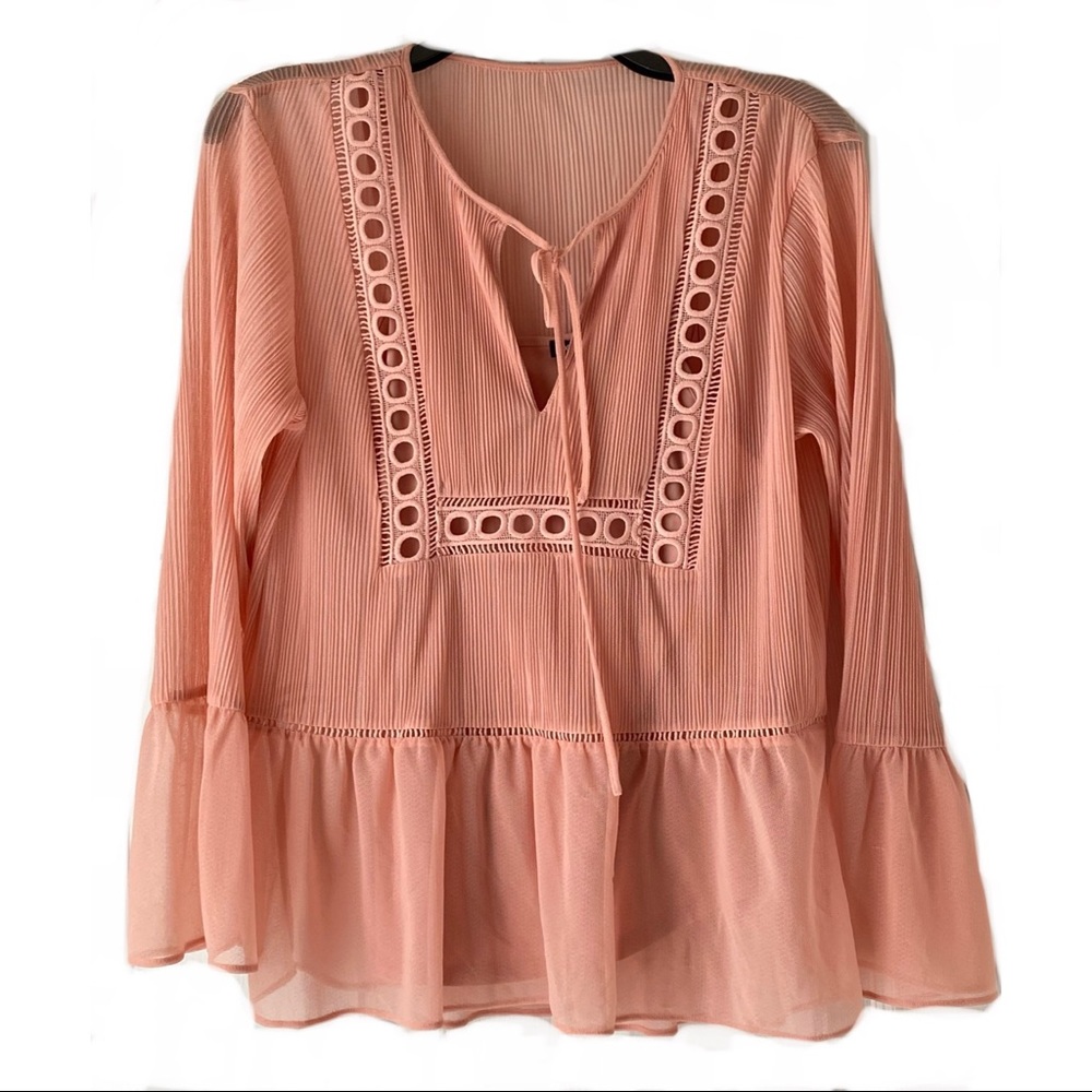 Express Crochet Bell Sleeve Knot Neckline Pink Top